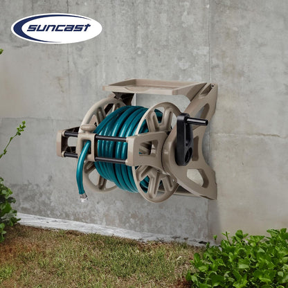 Slide Trak Garden Hose Reel, Wall-Mount Holder with Storage Tray, Dark Taupe - Outdoor Mounted Organizer for 175 Ft of 5/8" Standard Vinyl Water Hoses in Lawn and Yard