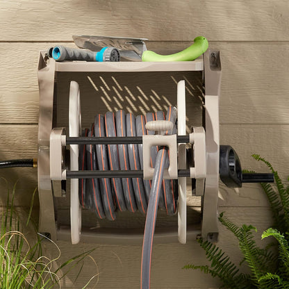Slide Trak Garden Hose Reel, Wall-Mount Holder with Storage Tray, Dark Taupe - Outdoor Mounted Organizer for 175 Ft of 5/8" Standard Vinyl Water Hoses in Lawn and Yard