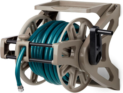 Slide Trak Garden Hose Reel, Wall-Mount Holder with Storage Tray, Dark Taupe - Outdoor Mounted Organizer for 175 Ft of 5/8" Standard Vinyl Water Hoses in Lawn and Yard