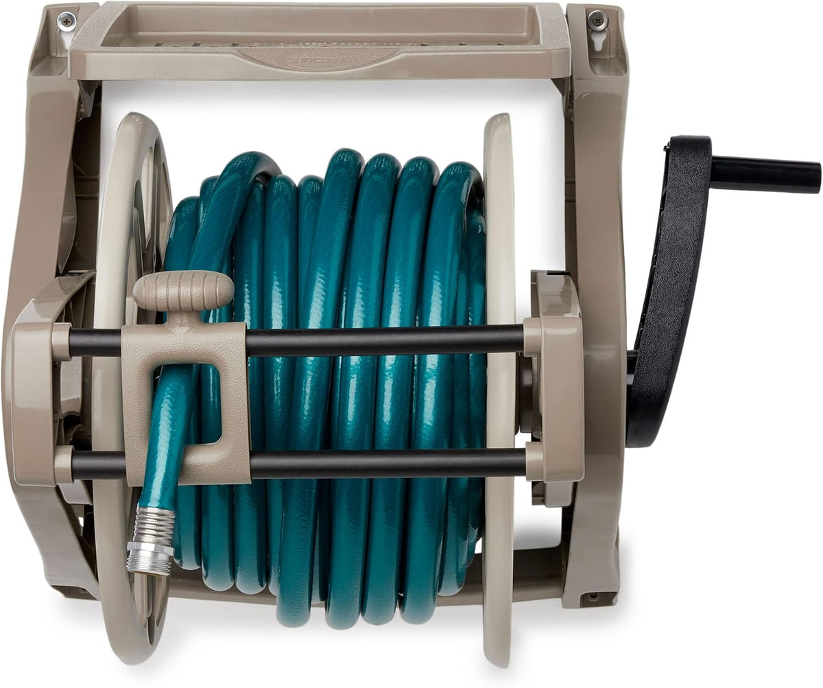 Slide Trak Garden Hose Reel, Wall-Mount Holder with Storage Tray, Dark Taupe - Outdoor Mounted Organizer for 175 Ft of 5/8" Standard Vinyl Water Hoses in Lawn and Yard