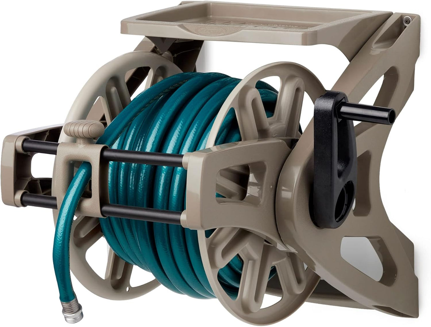 Slide Trak Garden Hose Reel, Wall-Mount Holder with Storage Tray, Dark Taupe - Outdoor Mounted Organizer for 175 Ft of 5/8" Standard Vinyl Water Hoses in Lawn and Yard