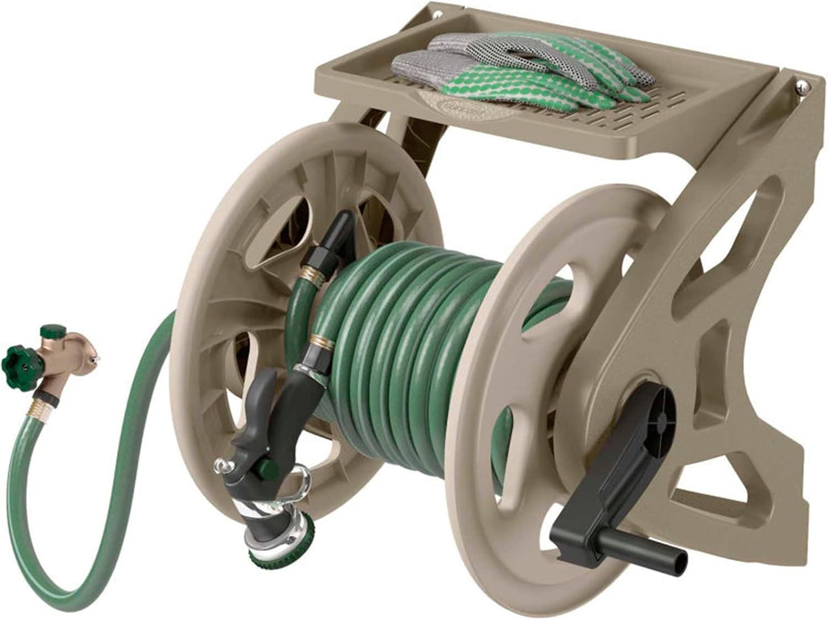 Slide Trak Garden Hose Reel, Wall-Mount Holder with Storage Tray, Dark Taupe - Outdoor Mounted Organizer for 175 Ft of 5/8" Standard Vinyl Water Hoses in Lawn and Yard