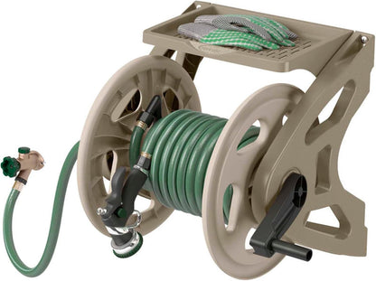 Slide Trak Garden Hose Reel, Wall-Mount Holder with Storage Tray, Dark Taupe - Outdoor Mounted Organizer for 175 Ft of 5/8" Standard Vinyl Water Hoses in Lawn and Yard