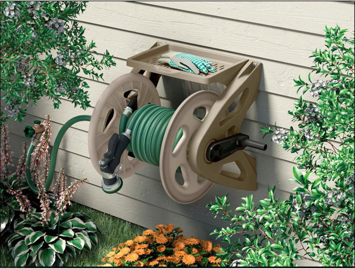 Slide Trak Garden Hose Reel, Wall-Mount Holder with Storage Tray, Dark Taupe - Outdoor Mounted Organizer for 175 Ft of 5/8" Standard Vinyl Water Hoses in Lawn and Yard