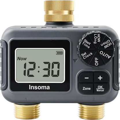 Water Timer 2 Zone, Programmable Irrigation Sprinkler Timer for Garden Hose, Outdoor Hose Faucet Timers with Rain Delay/Manual/Auto Modes, IPX5 Waterproof for Drip System & Lawn