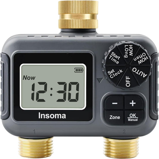 Water Timer 2 Zone, Programmable Irrigation Sprinkler Timer for Garden Hose, Outdoor Hose Faucet Timers with Rain Delay/Manual/Auto Modes, IPX5 Waterproof for Drip System & Lawn