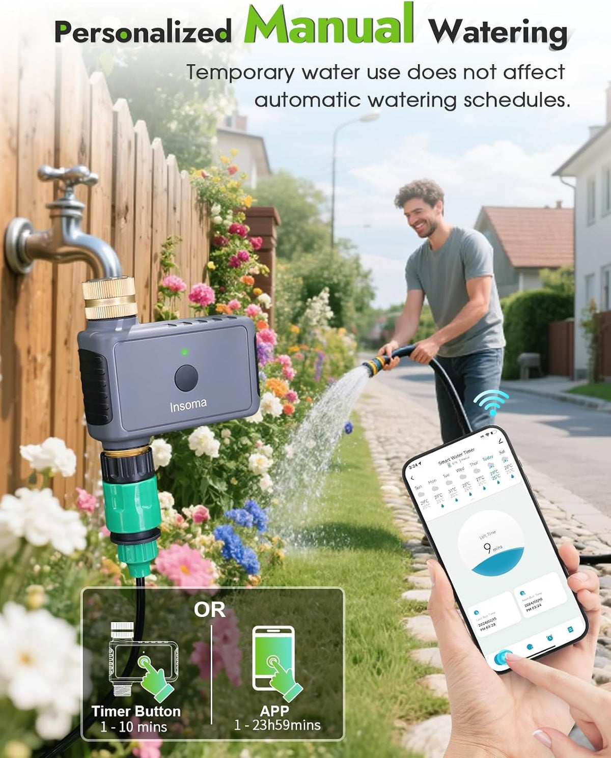 Water Timer 2 Zone, Programmable Irrigation Sprinkler Timer for Garden Hose, Outdoor Hose Faucet Timers with Rain Delay/Manual/Auto Modes, IPX5 Waterproof for Drip System & Lawn