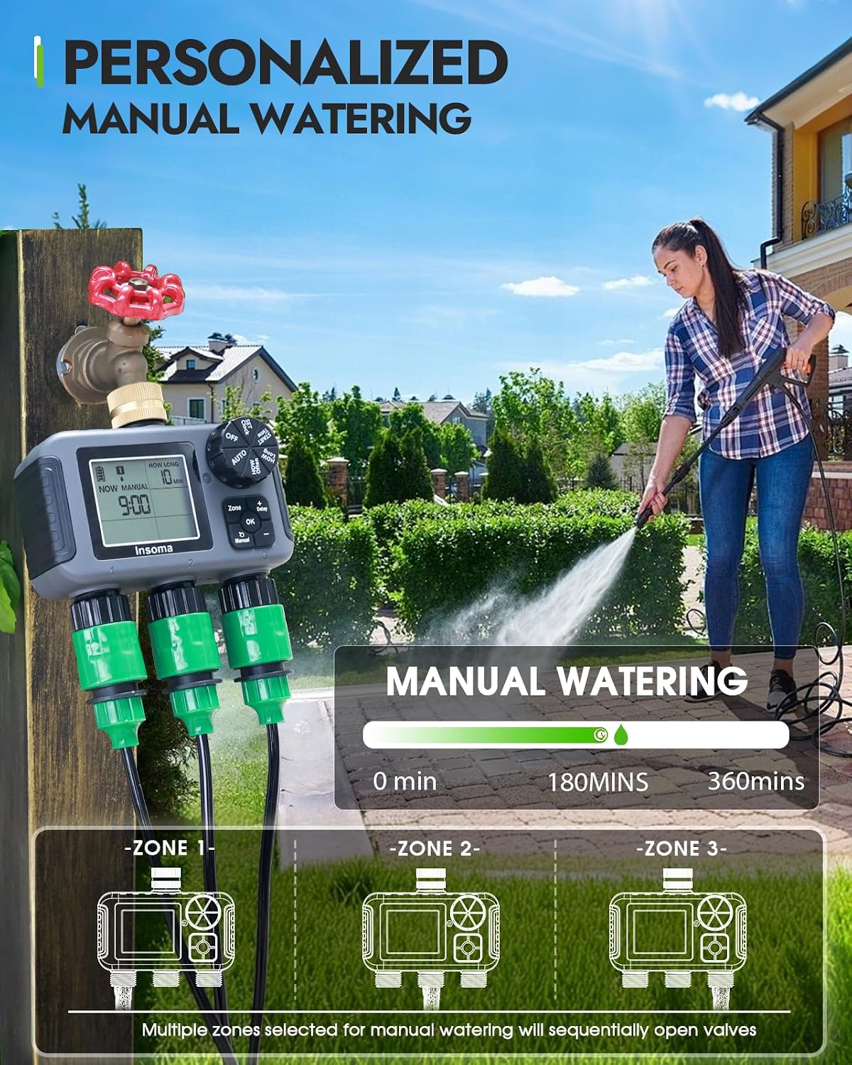 Water Timer 2 Zone, Programmable Irrigation Sprinkler Timer for Garden Hose, Outdoor Hose Faucet Timers with Rain Delay/Manual/Auto Modes, IPX5 Waterproof for Drip System & Lawn