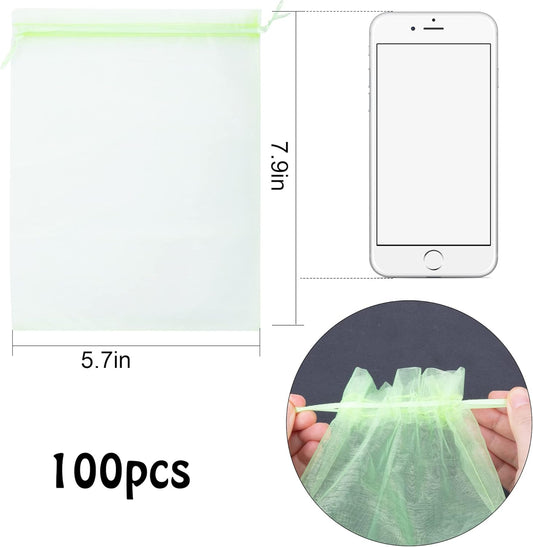 6x8 Inch 100 Pieces Green Fruit Protection Bags- Fruit Netting Bags with Drawstring,Garden Fruit Cover Mesh Bag to Protect Plants from Pest Birds Squirrels