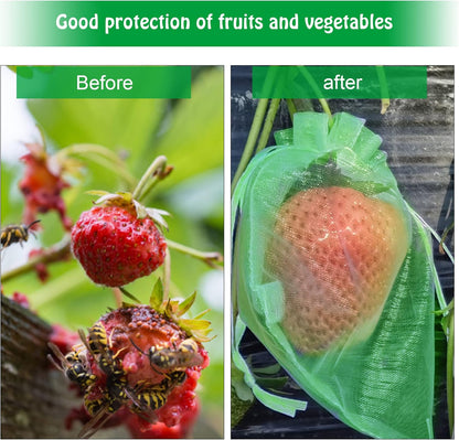 6x8 Inch 100 Pieces Green Fruit Protection Bags- Fruit Netting Bags with Drawstring,Garden Fruit Cover Mesh Bag to Protect Plants from Pest Birds Squirrels