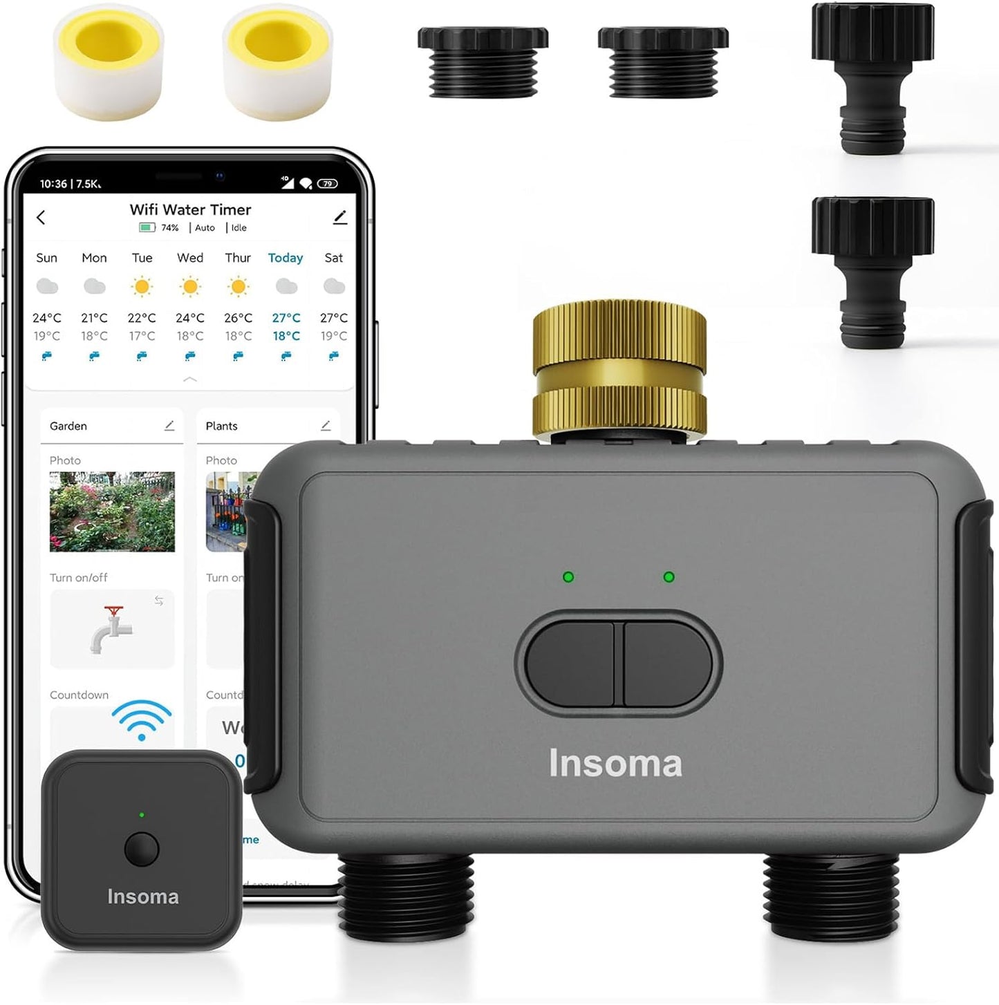 WiFi Hose Timer with Brass Inlet, 2-Zone Sprinkler Timer for Irrigation