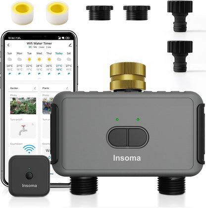 WiFi Hose Timer with Brass Inlet, 2-Zone Sprinkler Timer for Irrigation