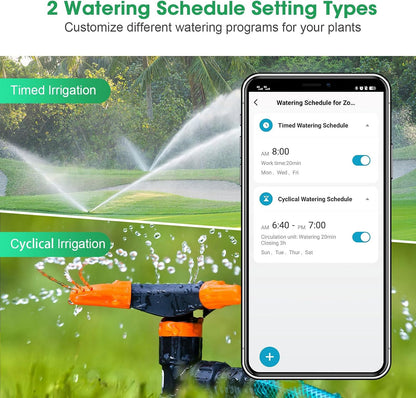 WiFi Hose Timer with Brass Inlet, 2-Zone Sprinkler Timer for Irrigation