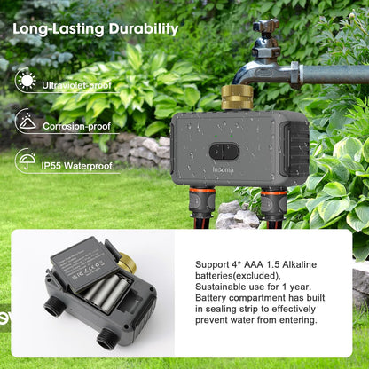 WiFi Hose Timer with Brass Inlet, 2-Zone Sprinkler Timer for Irrigation