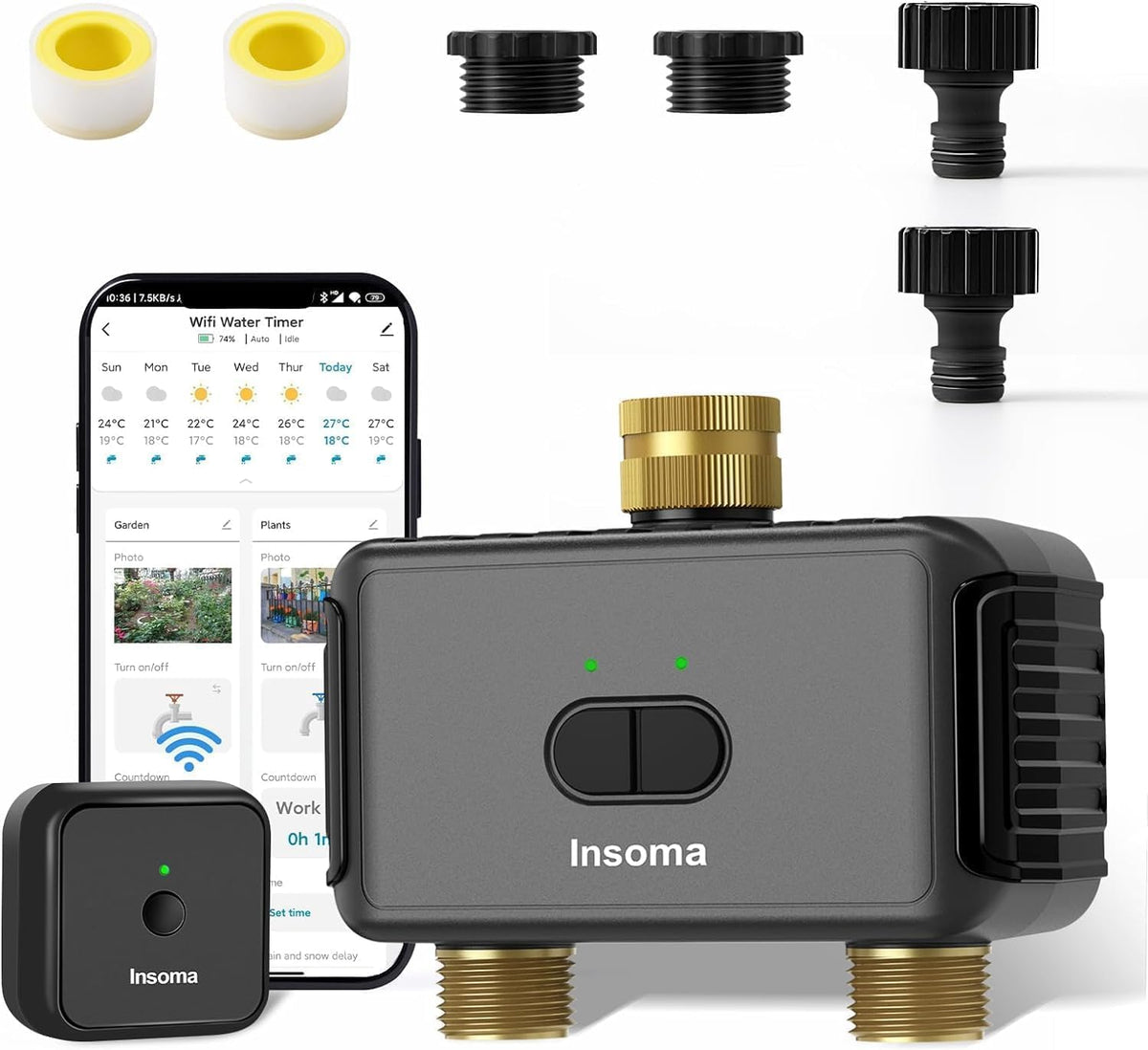 WiFi Hose Timer with Brass Inlet, 2-Zone Sprinkler Timer for Irrigation