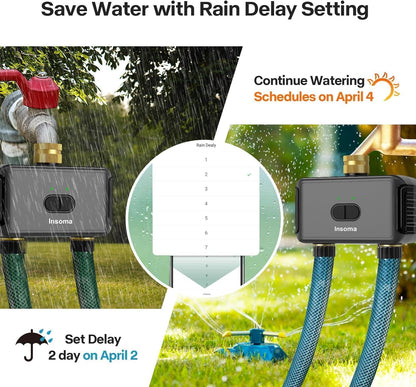 WiFi Hose Timer with Brass Inlet, 2-Zone Sprinkler Timer for Irrigation