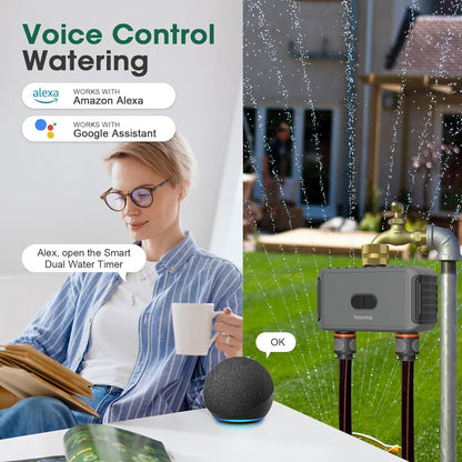WiFi Hose Timer with Brass Inlet, 2-Zone Sprinkler Timer for Irrigation