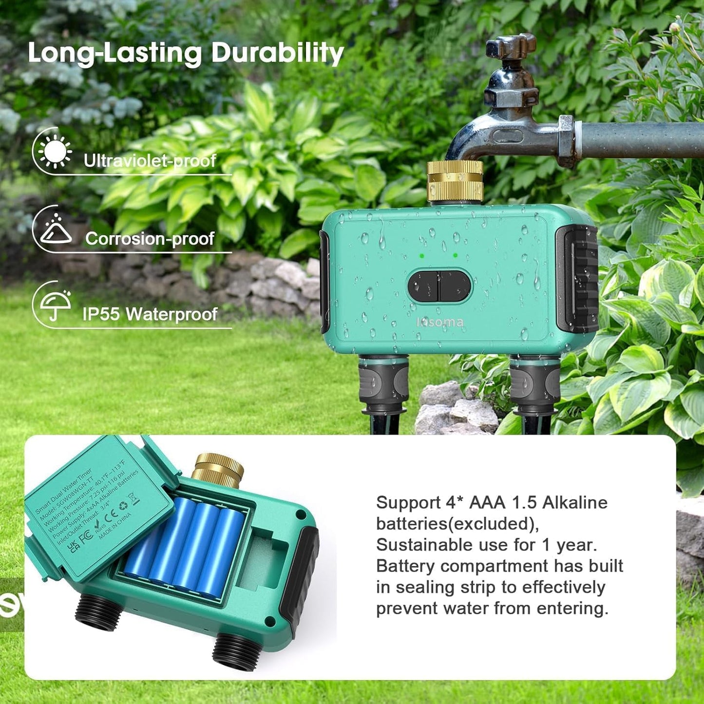 WiFi Hose Timer with Brass Inlet, 2-Zone Sprinkler Timer for Irrigation