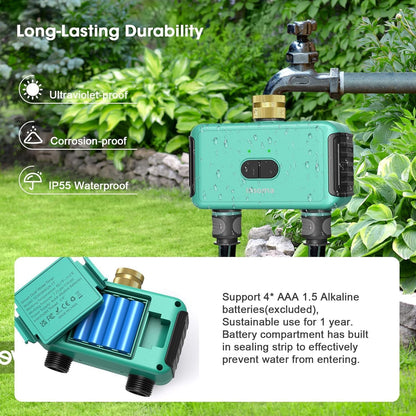 WiFi Hose Timer with Brass Inlet, 2-Zone Sprinkler Timer for Irrigation