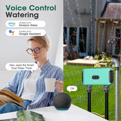 WiFi Hose Timer with Brass Inlet, 2-Zone Sprinkler Timer for Irrigation