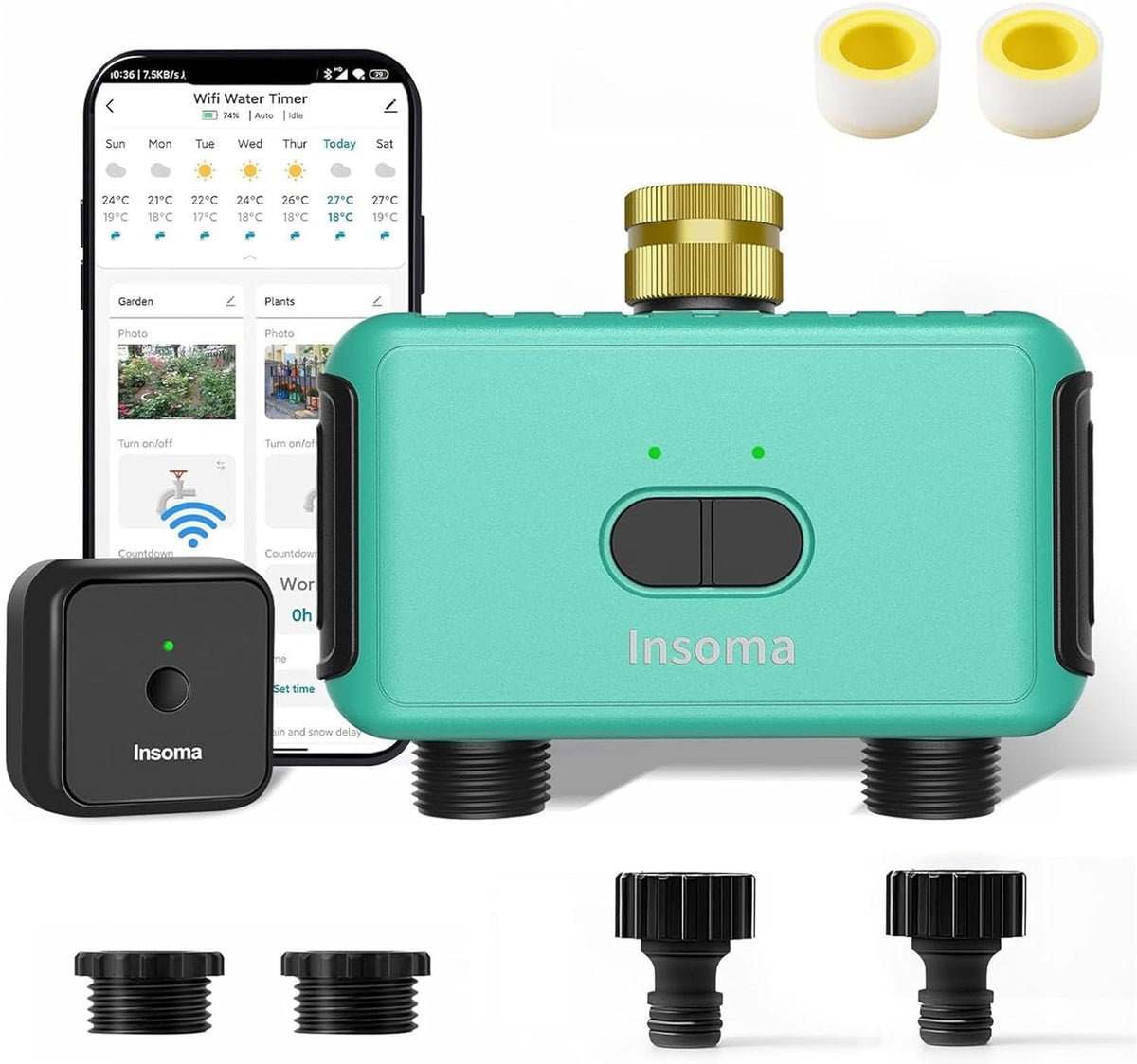 WiFi Hose Timer with Brass Inlet, 2-Zone Sprinkler Timer for Irrigation