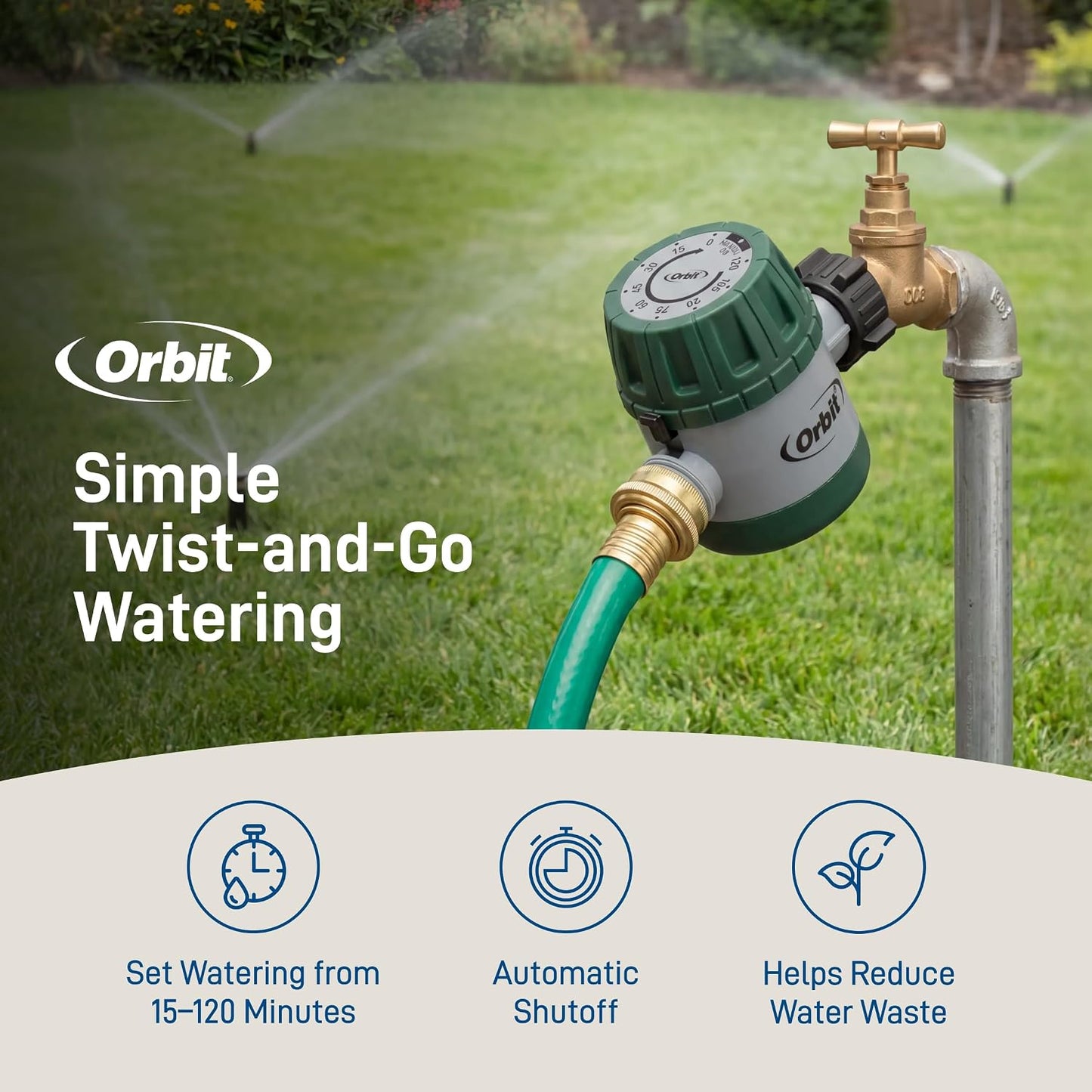 Mechanical Water Timer - Adjustable Irrigation Shutoff for Lawn & Garden Watering - Battery-Free Clockwork Hose Faucet Timer with Easy Grip Dial & Manual Bypass - 62034