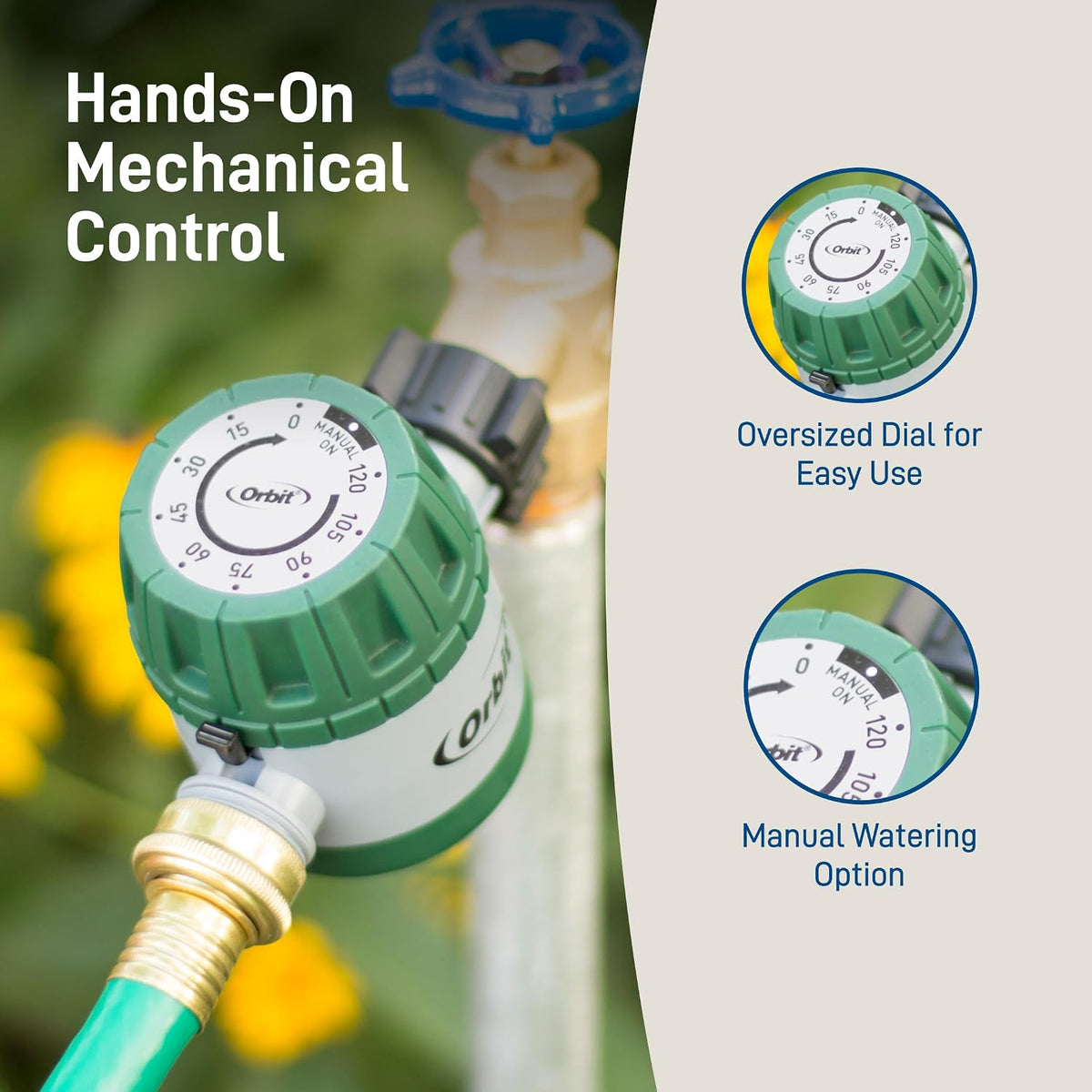 Mechanical Water Timer - Adjustable Irrigation Shutoff for Lawn & Garden Watering - Battery-Free Clockwork Hose Faucet Timer with Easy Grip Dial & Manual Bypass - 62034