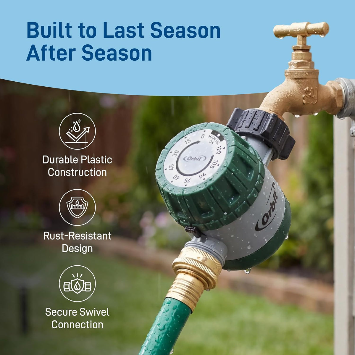 Mechanical Water Timer - Adjustable Irrigation Shutoff for Lawn & Garden Watering - Battery-Free Clockwork Hose Faucet Timer with Easy Grip Dial & Manual Bypass - 62034