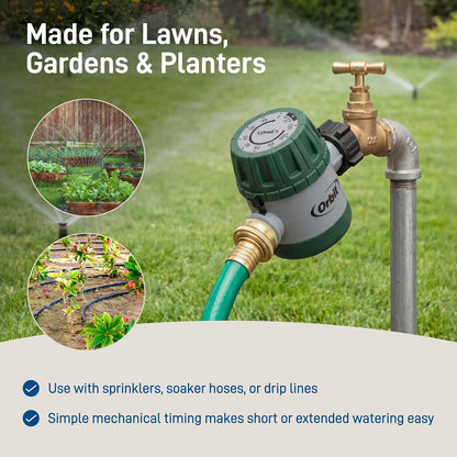 Mechanical Water Timer - Adjustable Irrigation Shutoff for Lawn & Garden Watering - Battery-Free Clockwork Hose Faucet Timer with Easy Grip Dial & Manual Bypass - 62034