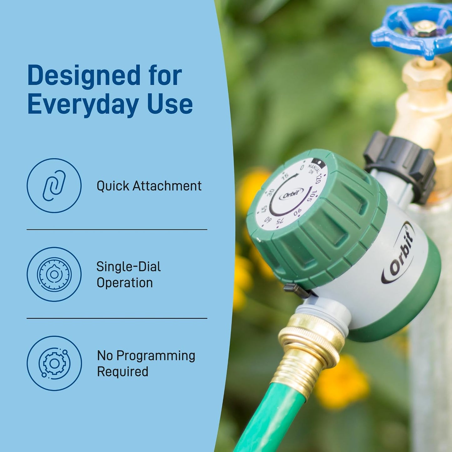 Mechanical Water Timer - Adjustable Irrigation Shutoff for Lawn & Garden Watering - Battery-Free Clockwork Hose Faucet Timer with Easy Grip Dial & Manual Bypass - 62034