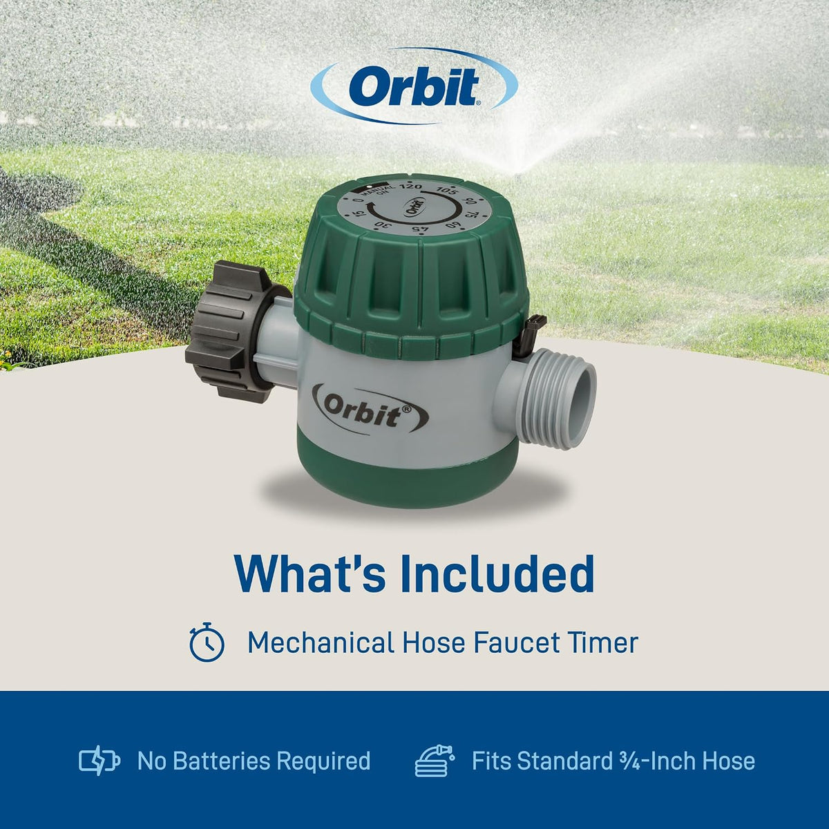 Mechanical Water Timer - Adjustable Irrigation Shutoff for Lawn & Garden Watering - Battery-Free Clockwork Hose Faucet Timer with Easy Grip Dial & Manual Bypass - 62034