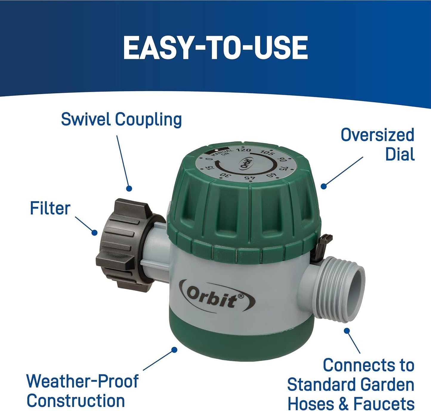 Mechanical Water Timer - Adjustable Irrigation Shutoff for Lawn & Garden Watering - Battery-Free Clockwork Hose Faucet Timer with Easy Grip Dial & Manual Bypass - 62034