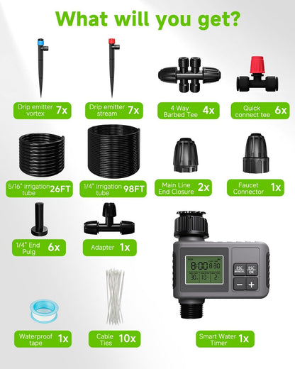 124FT Drip Irrigation System with LCD Timer, Automatic Watering System Kits,5/16 Inch Hose 1/4 Inch Distribution Tubing 3 Sprayer Types, for Garden, Greenhouse, Garden, Lawn