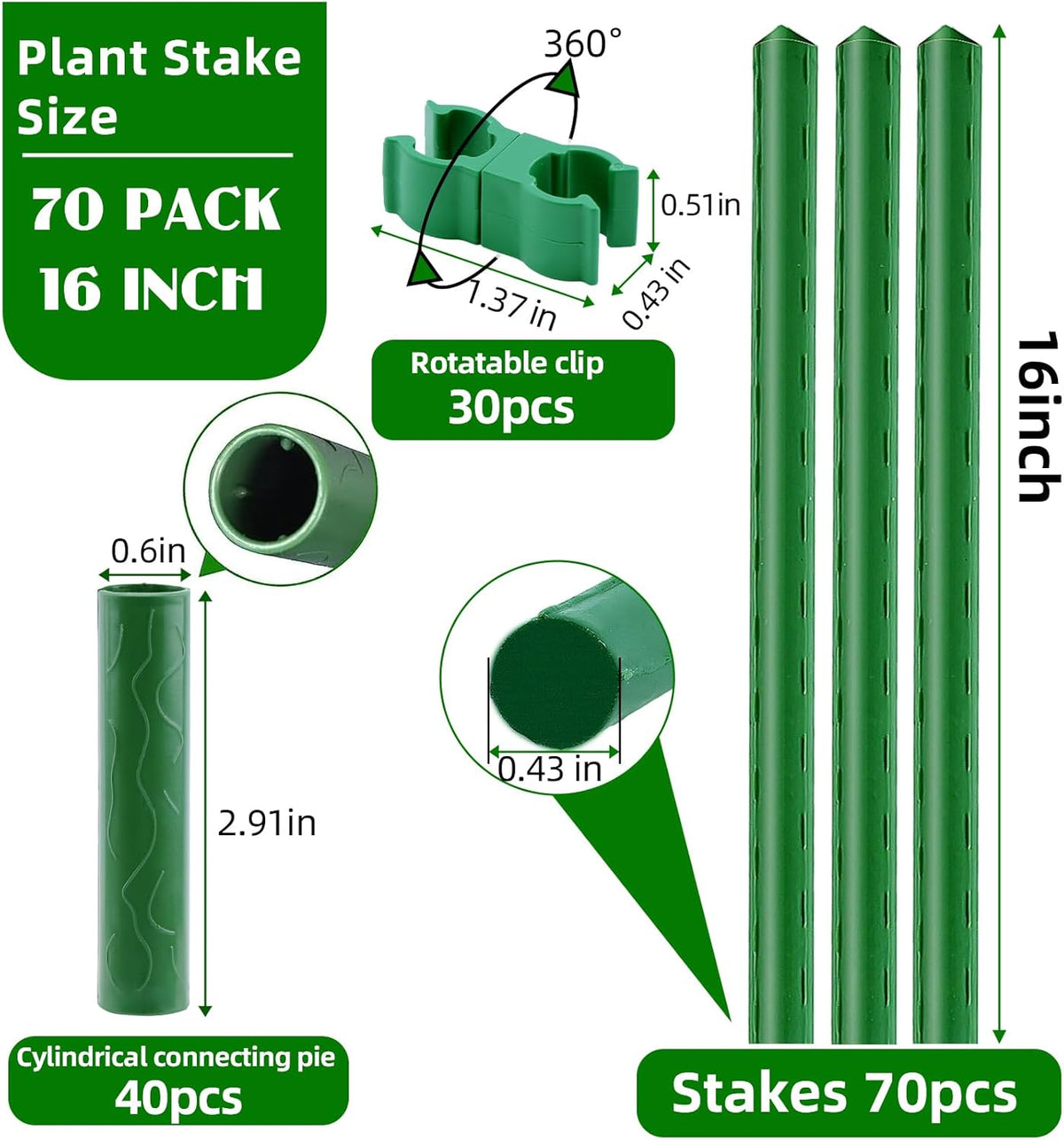 Garden Stakes 16 Inch 70 Pack, Diy 4ft 5ft 6ft 7ft 8ft Tomato Stakes Plastic Coated Metal Plant Sticks Stakes Supports with 40 Connectors 30 Rotatable Clips for Indoor Outdoor Plants Vegetable