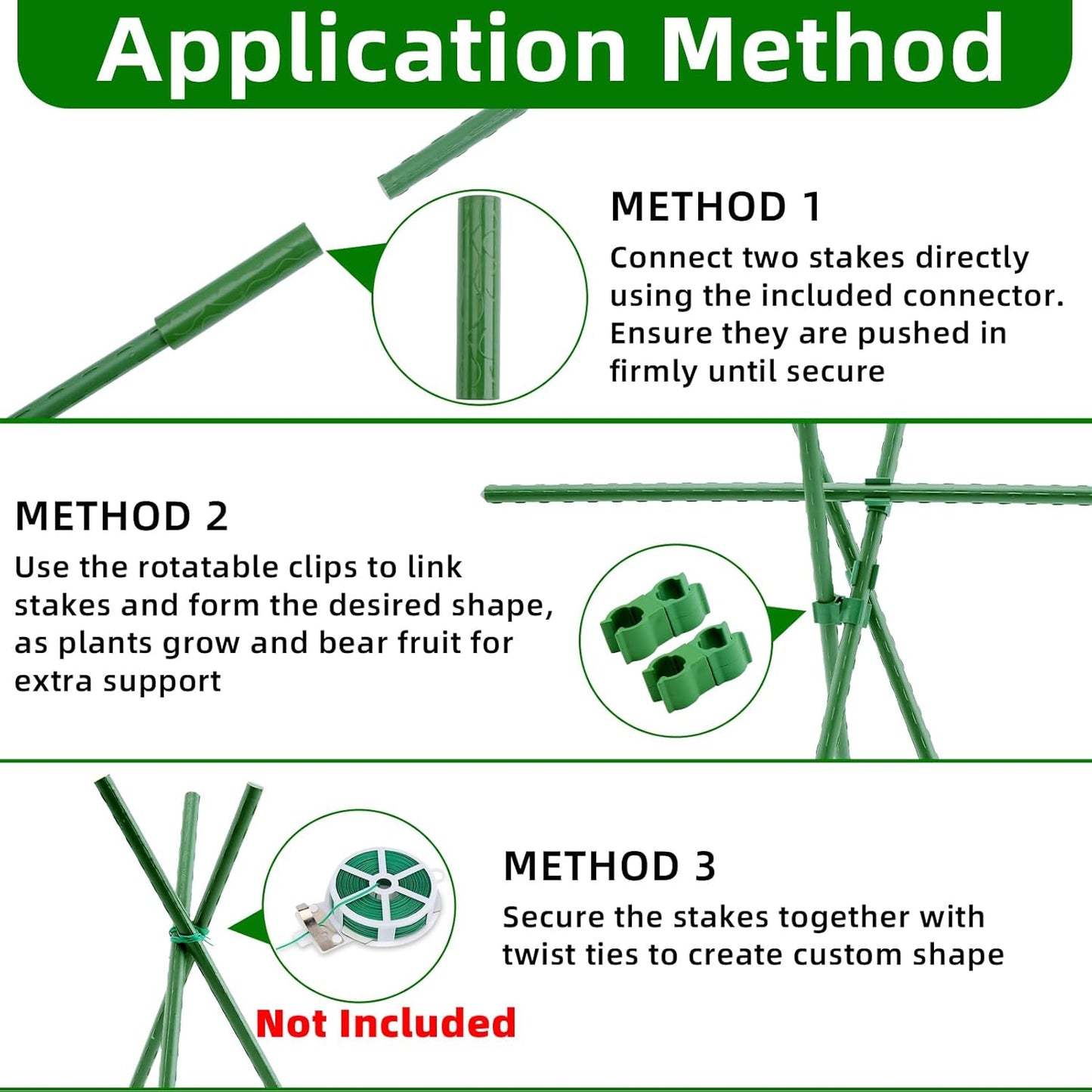 Garden Stakes 16 Inch 70 Pack, Diy 4ft 5ft 6ft 7ft 8ft Tomato Stakes Plastic Coated Metal Plant Sticks Stakes Supports with 40 Connectors 30 Rotatable Clips for Indoor Outdoor Plants Vegetable