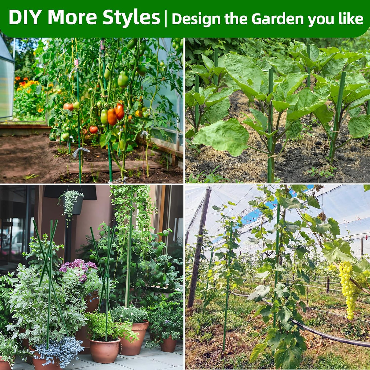 Garden Stakes 16 Inch 70 Pack, Diy 4ft 5ft 6ft 7ft 8ft Tomato Stakes Plastic Coated Metal Plant Sticks Stakes Supports with 40 Connectors 30 Rotatable Clips for Indoor Outdoor Plants Vegetable