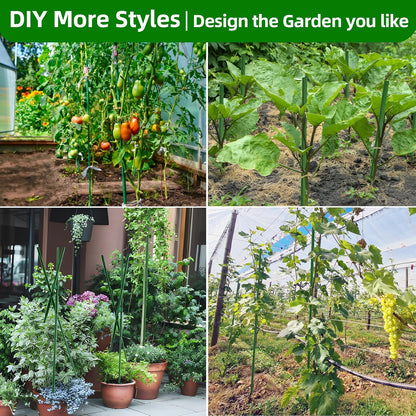 Garden Stakes 16 Inch 70 Pack, Diy 4ft 5ft 6ft 7ft 8ft Tomato Stakes Plastic Coated Metal Plant Sticks Stakes Supports with 40 Connectors 30 Rotatable Clips for Indoor Outdoor Plants Vegetable
