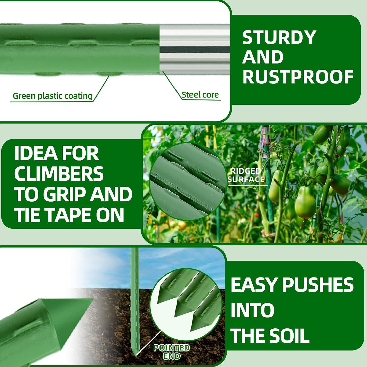 Garden Stakes 16 Inch 70 Pack, Diy 4ft 5ft 6ft 7ft 8ft Tomato Stakes Plastic Coated Metal Plant Sticks Stakes Supports with 40 Connectors 30 Rotatable Clips for Indoor Outdoor Plants Vegetable