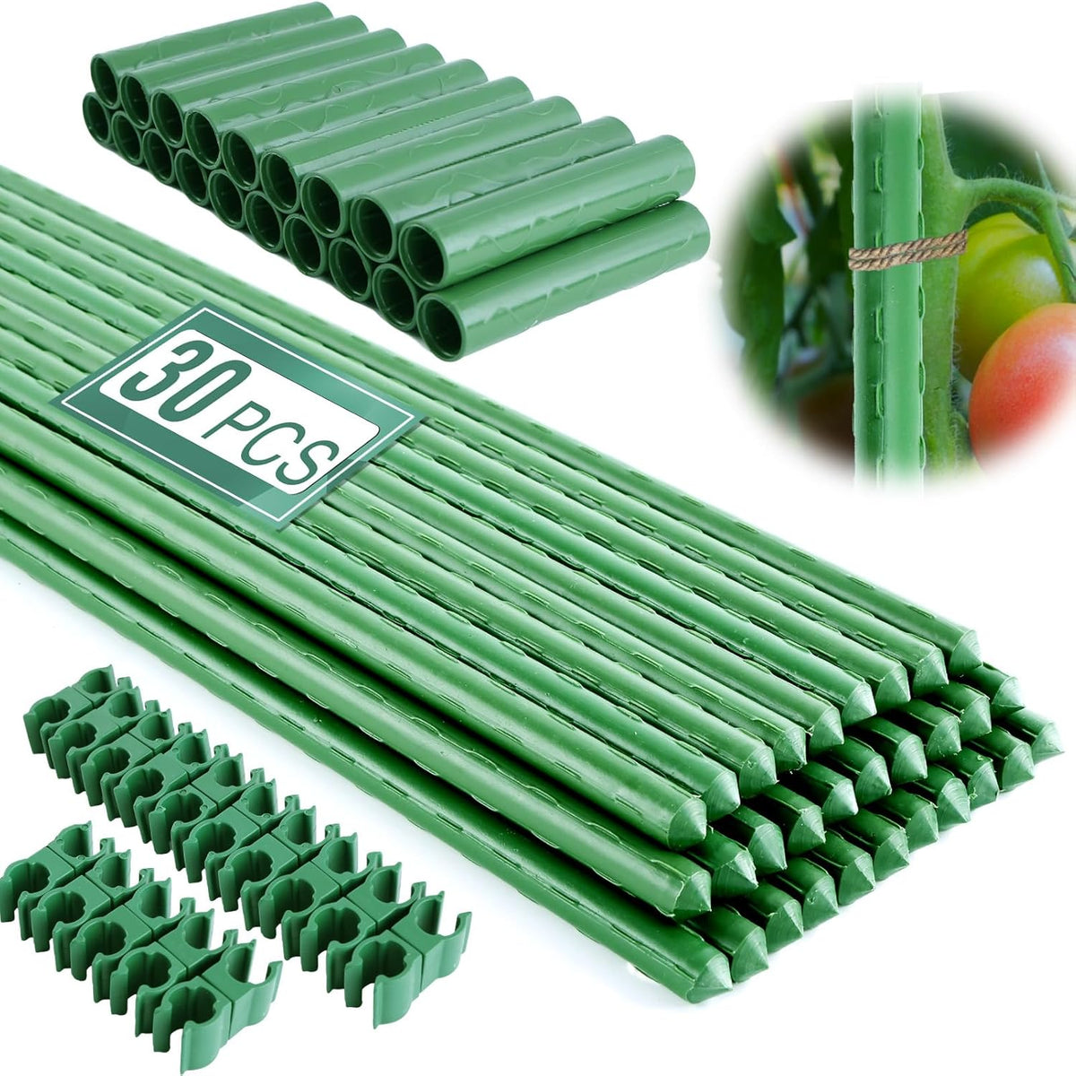 Garden Stakes 16 Inch 70 Pack, Diy 4ft 5ft 6ft 7ft 8ft Tomato Stakes Plastic Coated Metal Plant Sticks Stakes Supports with 40 Connectors 30 Rotatable Clips for Indoor Outdoor Plants Vegetable