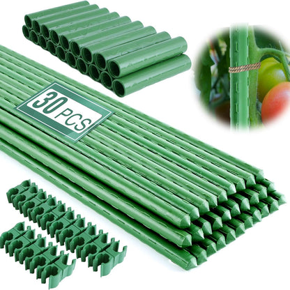 Garden Stakes 16 Inch 70 Pack, Diy 4ft 5ft 6ft 7ft 8ft Tomato Stakes Plastic Coated Metal Plant Sticks Stakes Supports with 40 Connectors 30 Rotatable Clips for Indoor Outdoor Plants Vegetable