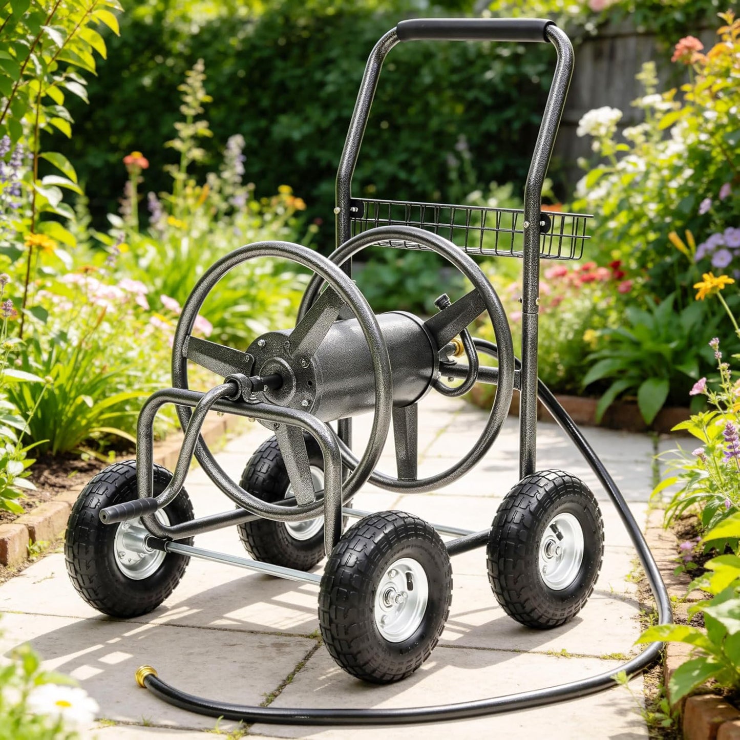 Garden Water Hose Reel Cart - 250 ft. Capacity, 10" Pneumatic Tires, Powder-Coated Steel Frame for Tangle-Free Garden Hose Storage