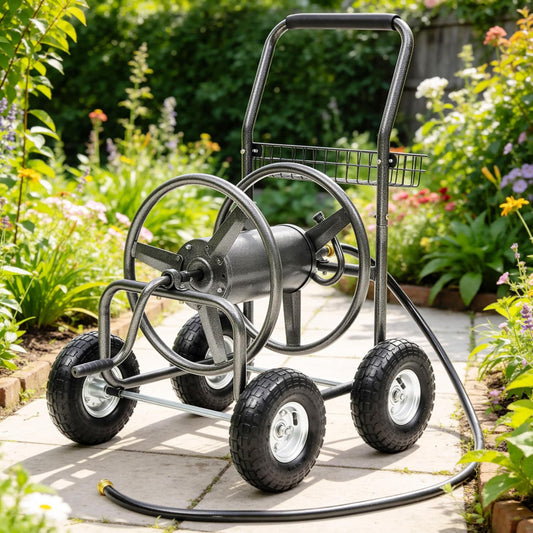 Garden Water Hose Reel Cart - 250 ft. Capacity, 10" Pneumatic Tires, Powder-Coated Steel Frame for Tangle-Free Garden Hose Storage