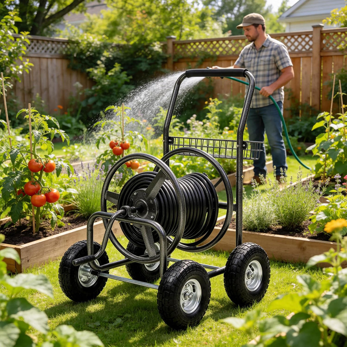 Garden Water Hose Reel Cart - 250 ft. Capacity, 10" Pneumatic Tires, Powder-Coated Steel Frame for Tangle-Free Garden Hose Storage