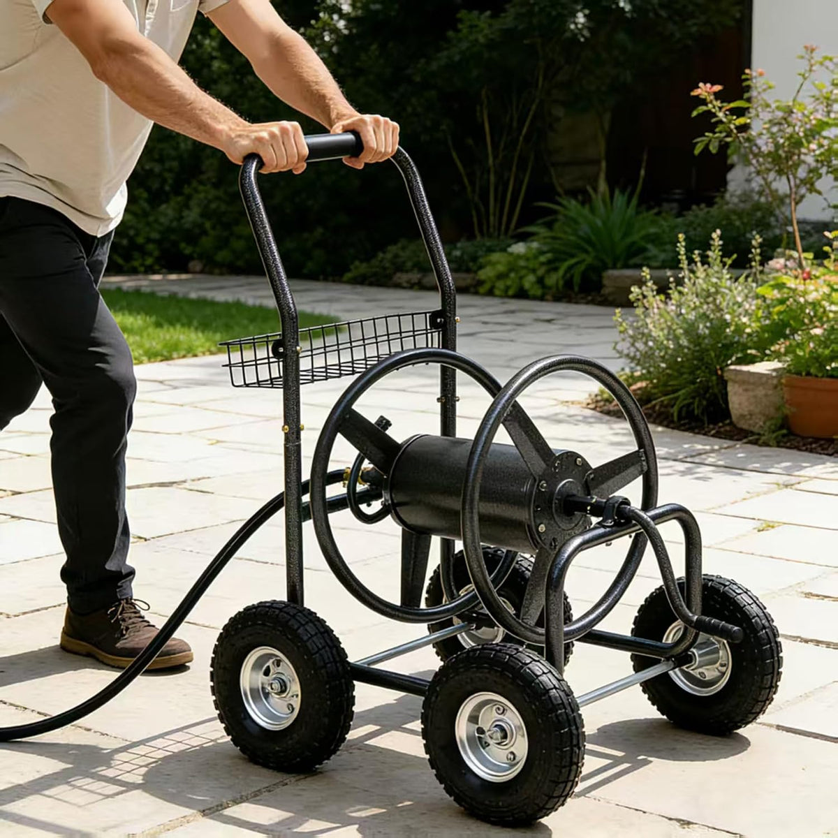 Garden Water Hose Reel Cart - 250 ft. Capacity, 10" Pneumatic Tires, Powder-Coated Steel Frame for Tangle-Free Garden Hose Storage