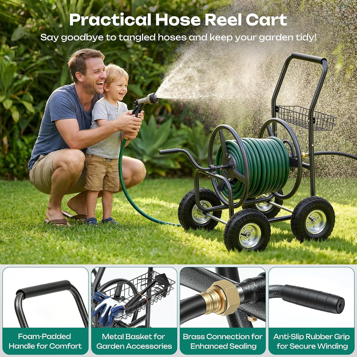 Garden Water Hose Reel Cart - 250 ft. Capacity, 10" Pneumatic Tires, Powder-Coated Steel Frame for Tangle-Free Garden Hose Storage