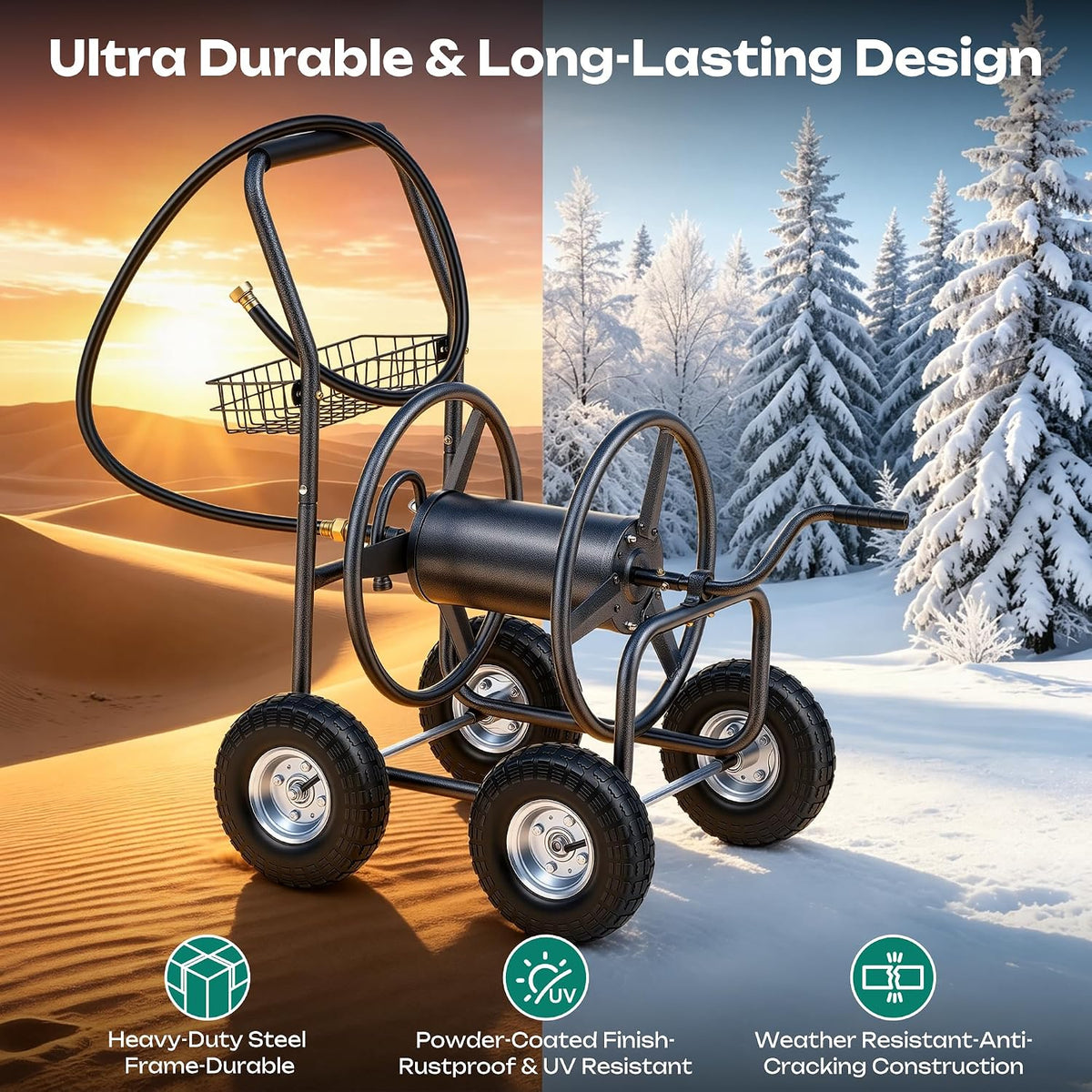 Garden Water Hose Reel Cart - 250 ft. Capacity, 10" Pneumatic Tires, Powder-Coated Steel Frame for Tangle-Free Garden Hose Storage