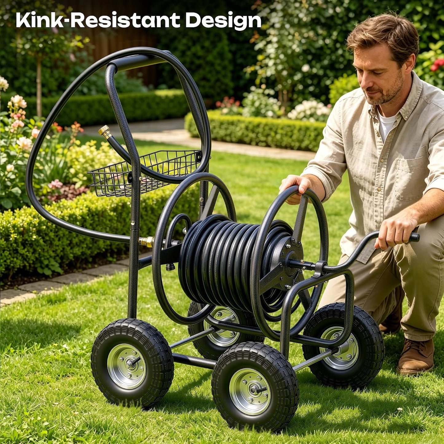Garden Water Hose Reel Cart - 250 ft. Capacity, 10" Pneumatic Tires, Powder-Coated Steel Frame for Tangle-Free Garden Hose Storage