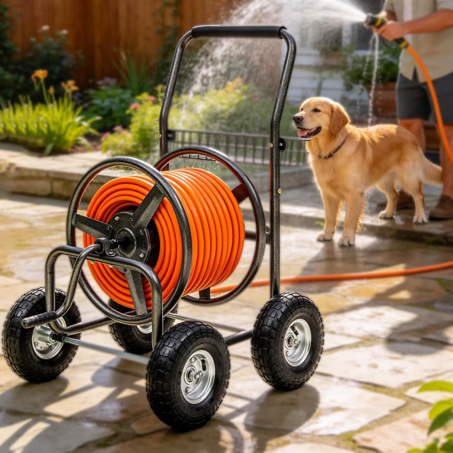 Garden Water Hose Reel Cart - 250 ft. Capacity, 10" Pneumatic Tires, Powder-Coated Steel Frame for Tangle-Free Garden Hose Storage