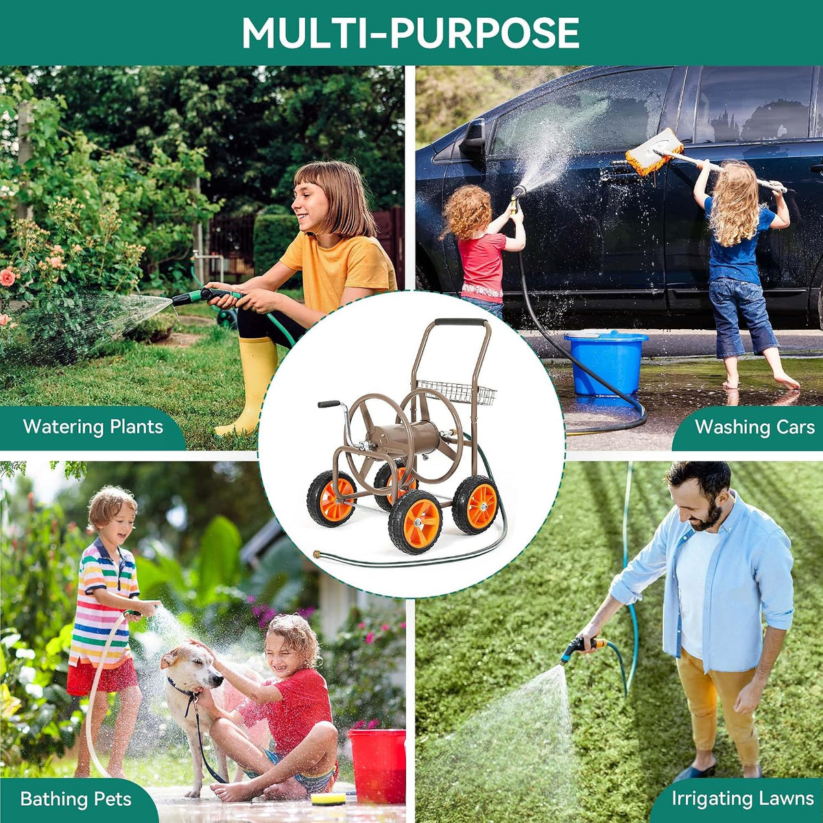 Garden Water Hose Reel Cart - 250 ft. Capacity, 10" Pneumatic Tires, Powder-Coated Steel Frame for Tangle-Free Garden Hose Storage