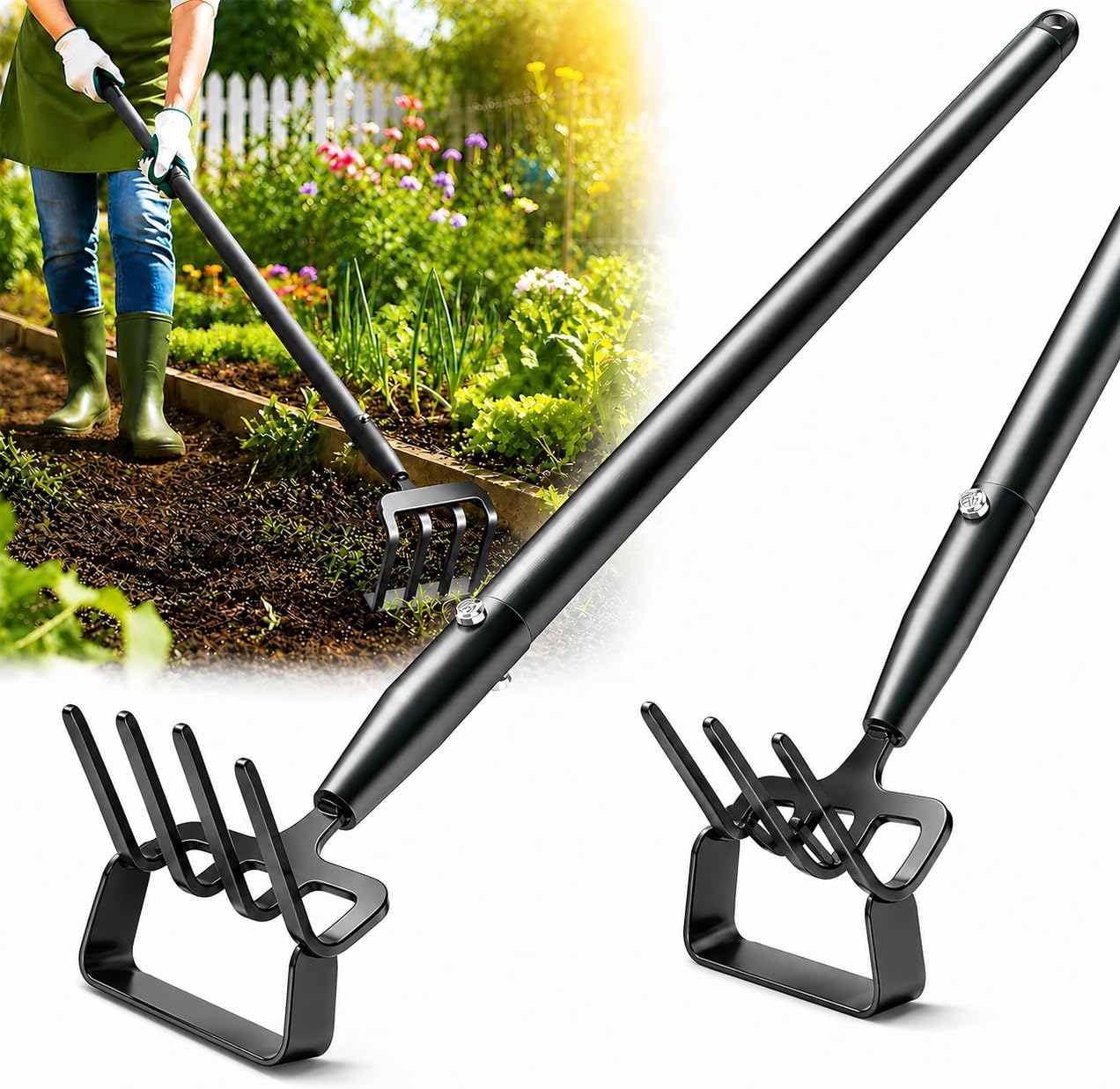 Garden Hoe with Rake, 37-82" Adjustable Long Handle Stirrup Weeder Hoe & 4-Tine Cultivator, Heavy Duty Scuffle Loop Hoe for Fast Weeding, Soil Loosening, Flower Beds, Vegetable Gardens